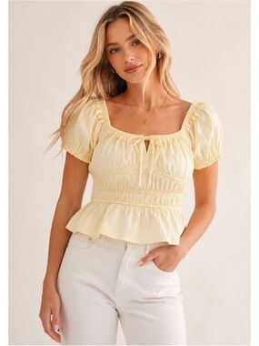 Sim & Sam Cotton Milkmaid Embroidery Trim PoplinTop Blouse Butter Yellow Medium